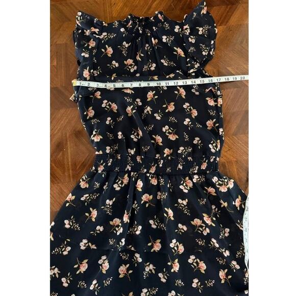 1.STATE Navy Floral Ruffle Mini Dress XS Smocked Waist Layered Hem - Picture 4 of 13